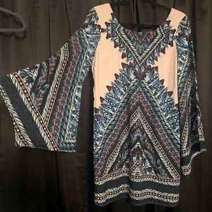 Boho feather print long bell sleeve dress - S